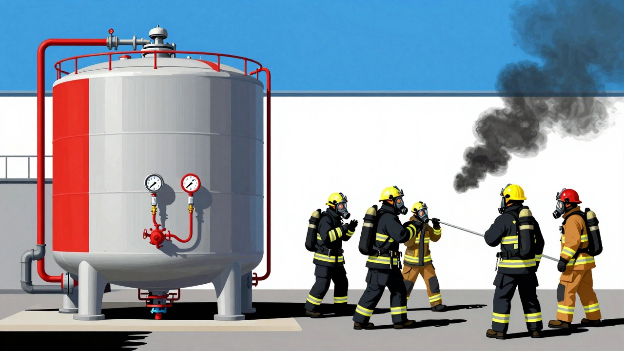 Схема химического резервуара с датчиками и аварийной системой, команда проводит учения по ликвидации утечки.