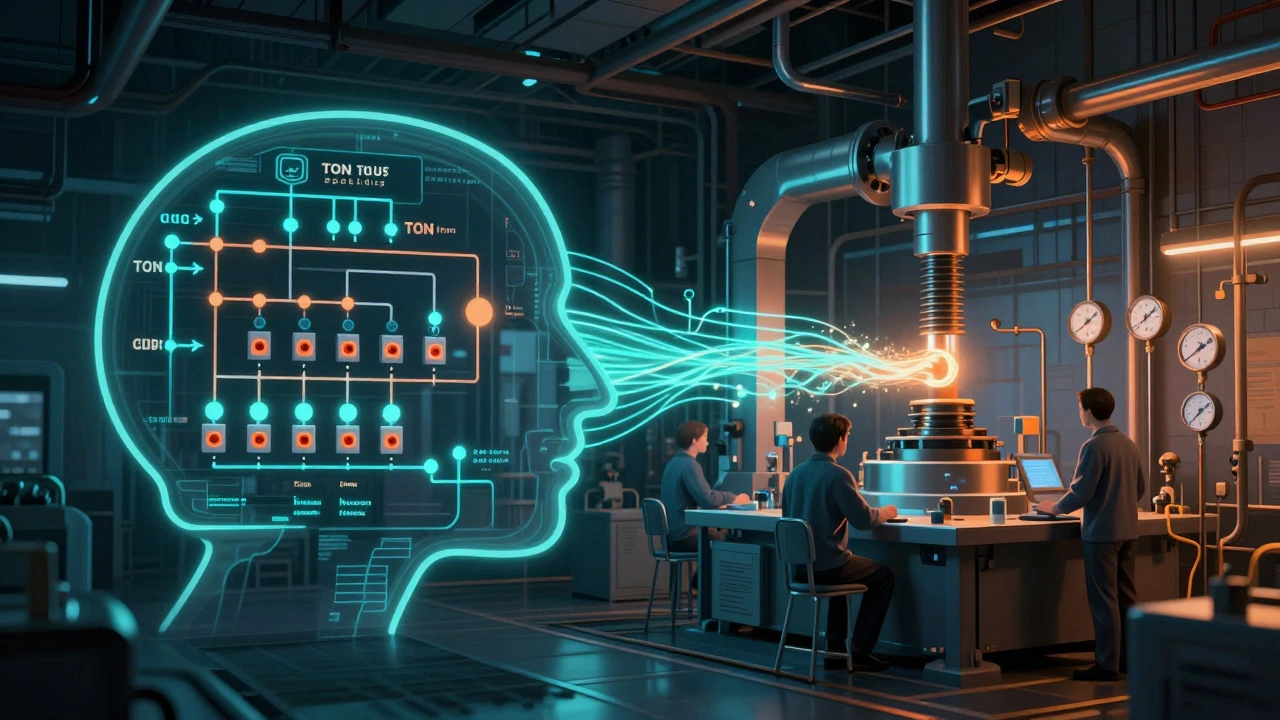 Схема логики автоматизации, соединённая с изображением заводского оборудования и операторов.