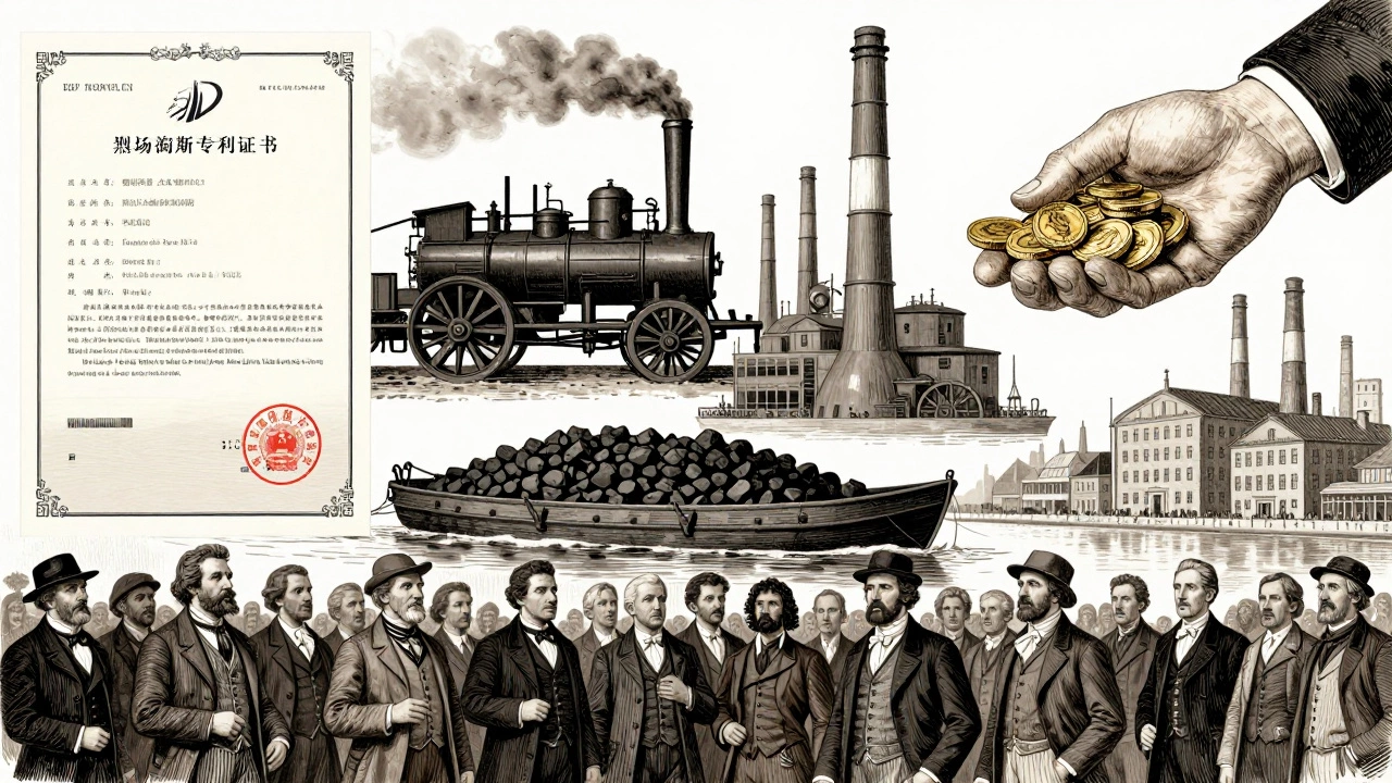 Символическое сочетание факторов промышленной революции: патент, паровой двигатель, канал, дымовая труба и монеты.
