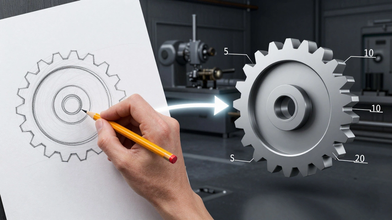 Сравнение ручного эскиза и точной 3D-модели детали, соединённых световым путём, символизирующим путь от новичка к инженеру.