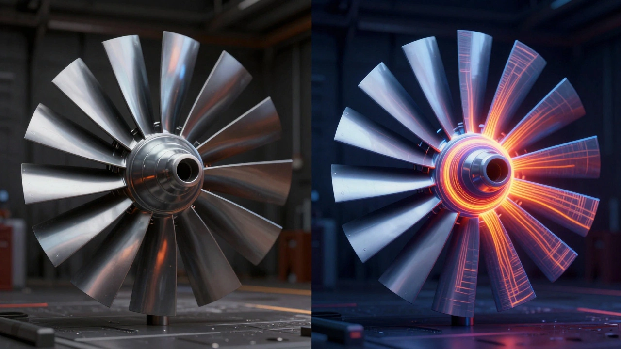 Сравнение внешнего вида турбины и ее внутренних напряжений в симуляции.