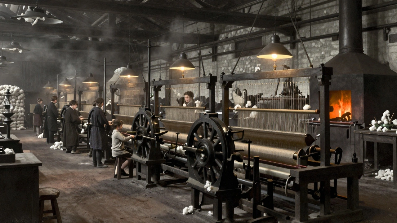 Текстильная фабрика в Манчестере, работники с механическими станками, паровой двигатель и угольная пыль в воздухе.