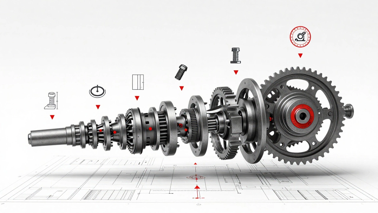 Визуальная хронология: от простого вала до сложной сборки из 47 деталей с обозначениями допусков и стандартов.
