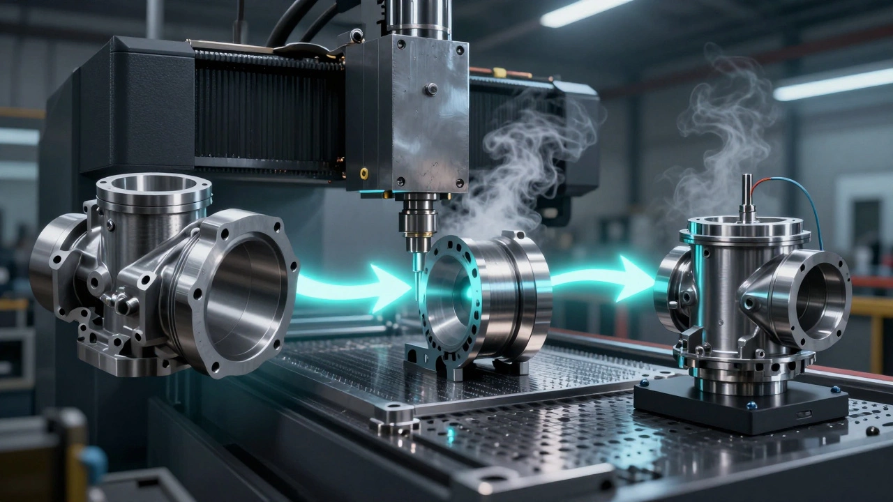 Цифровая модель детали превращается в физическую через ЧПУ-станок на производстве.