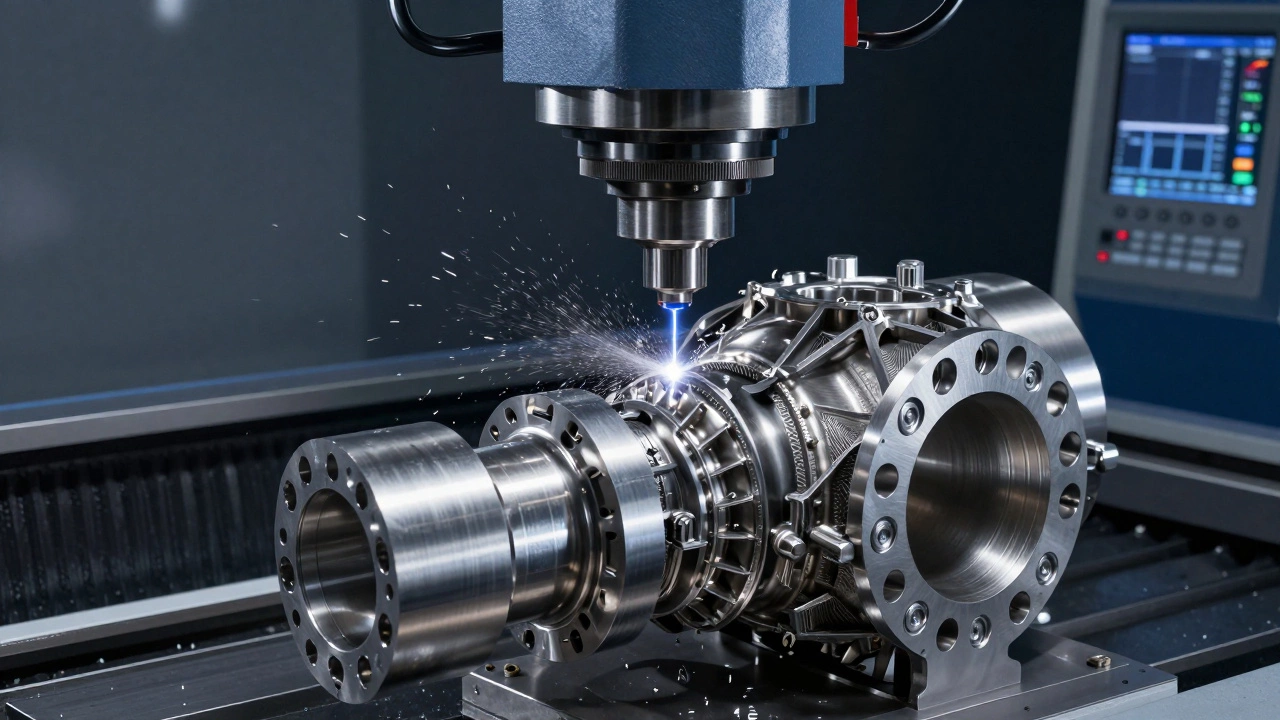 ЧПУ фрезеровальный станок обрабатывает титановую деталь для авиационного двигателя.