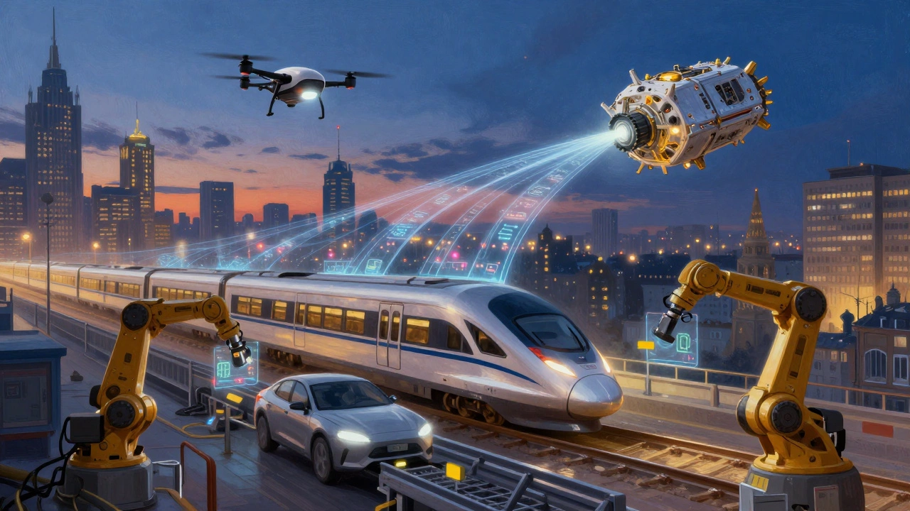 Футуристический город России с поездом, заводом, дроном и 3D-печатью космического модуля в небе.