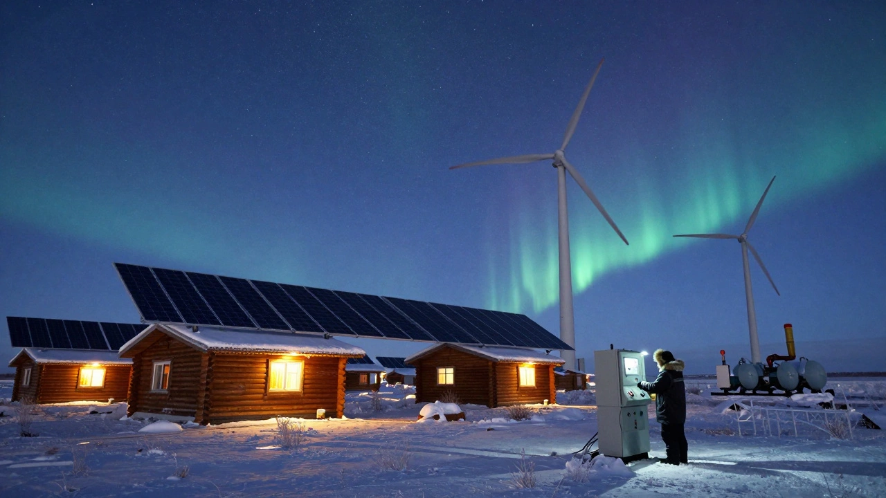 Гибридная электростанция в Сибири с солнечными панелями, ветрогенераторами и дизельным агрегатом под северным сиянием.