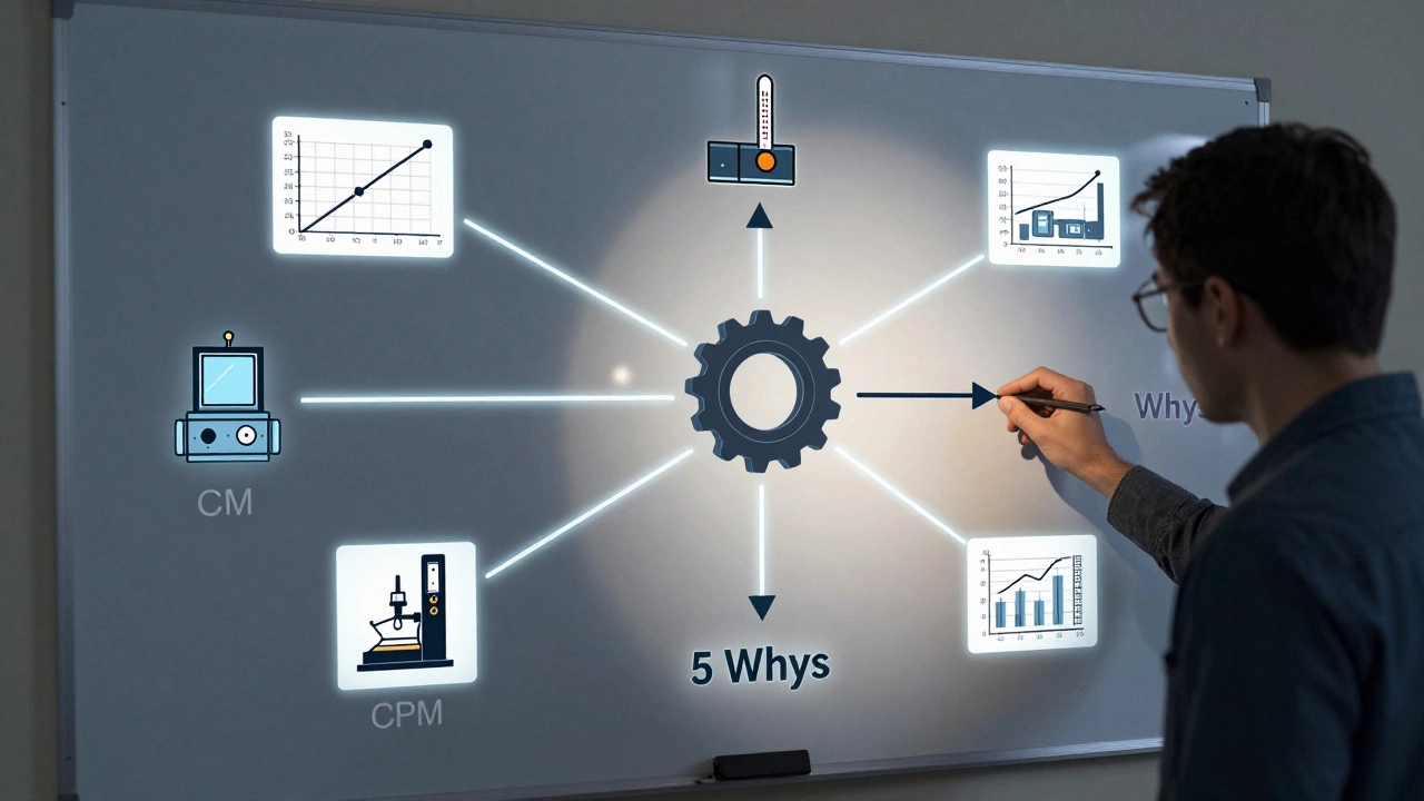 Инженер анализирует диаграмму Исикавы с инструментами контроля качества на доске.