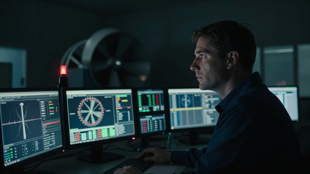 Инженер следит за данными производства турбин на панели управления в темной комнате.
