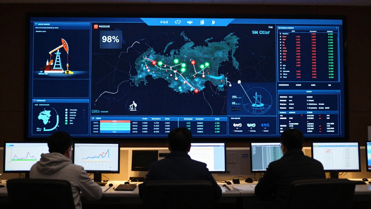 Инженеры в центре управления следят за потоками нефти и газа по цифровым картам России.