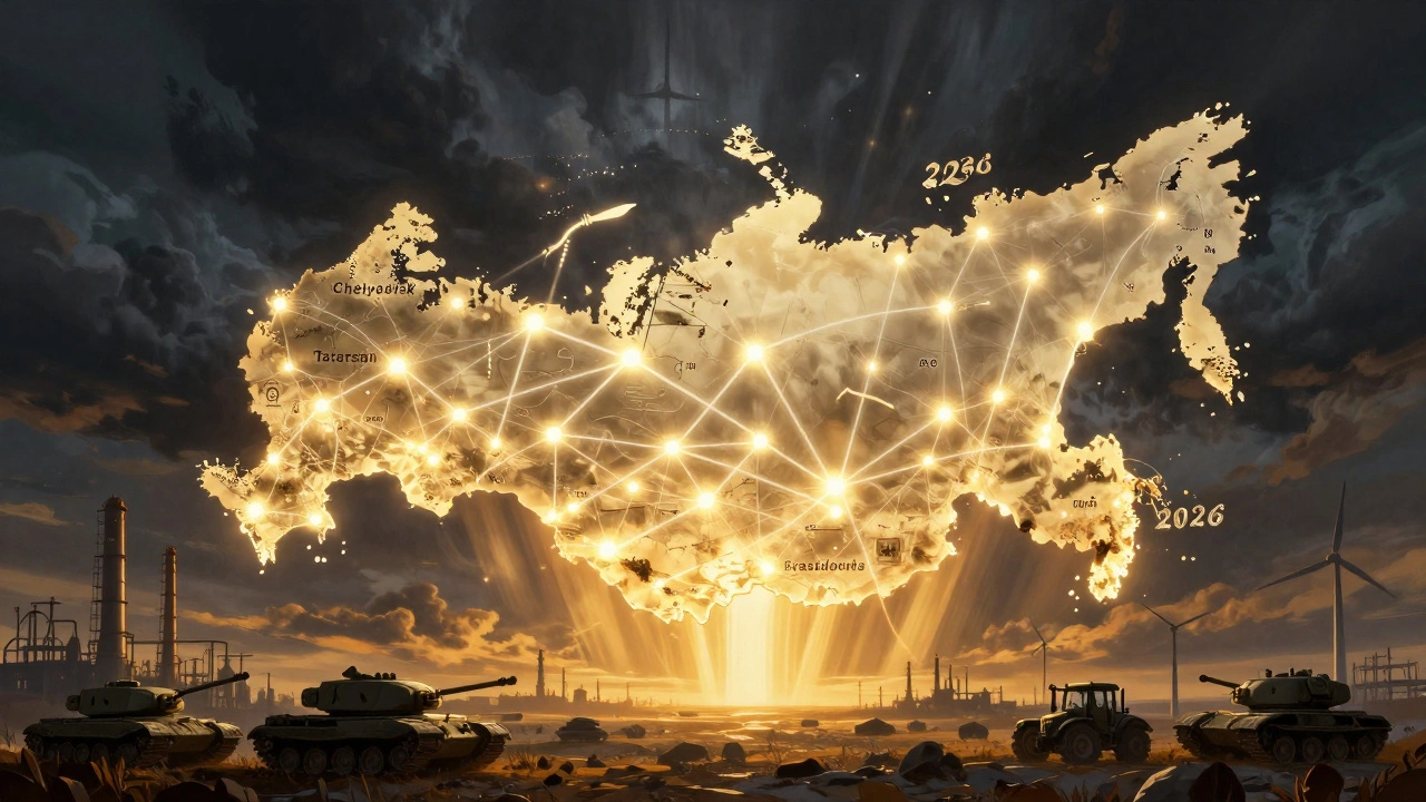 Карта России с светящимися промышленными узлами и энергетическими связями, символизирующая рост промышленности.