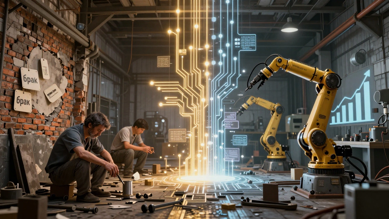 Контраст между устаревшим заводом и современной автоматизированной системой, символизирующий переход к цифровизации.