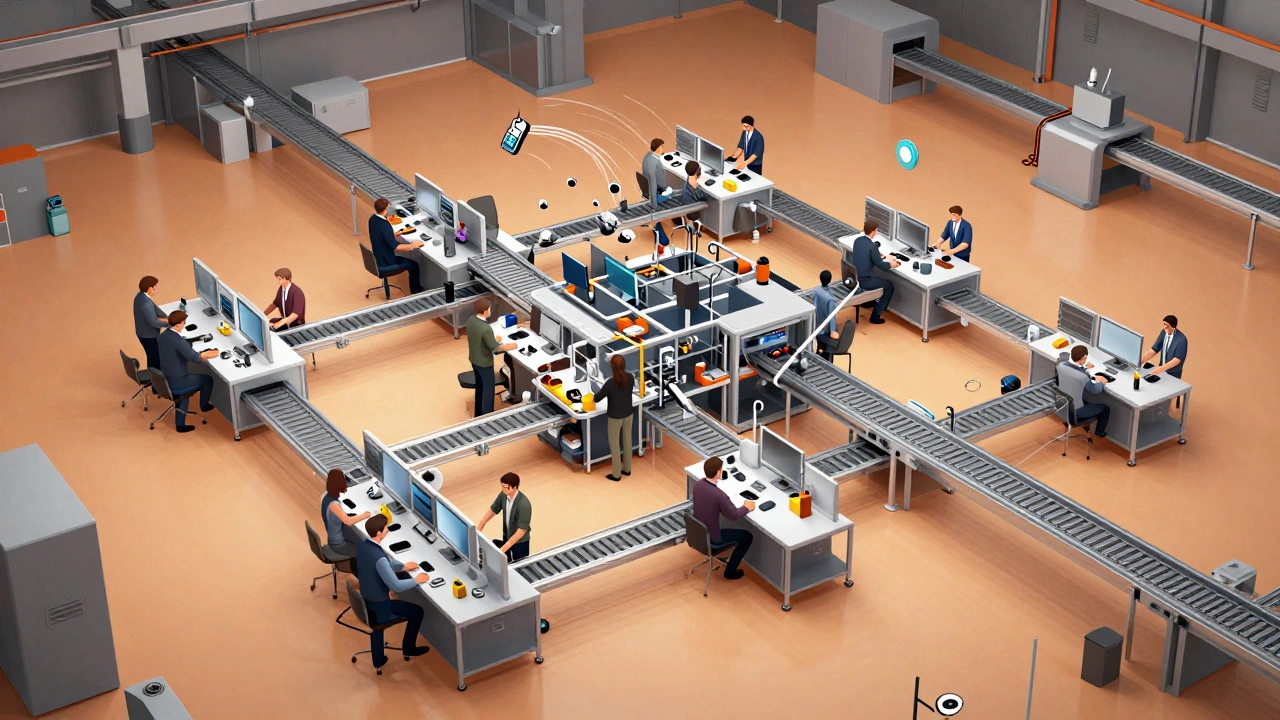 Модульные рабочие станции заменяют конвейер на заводе, повышая эффективность сборки.