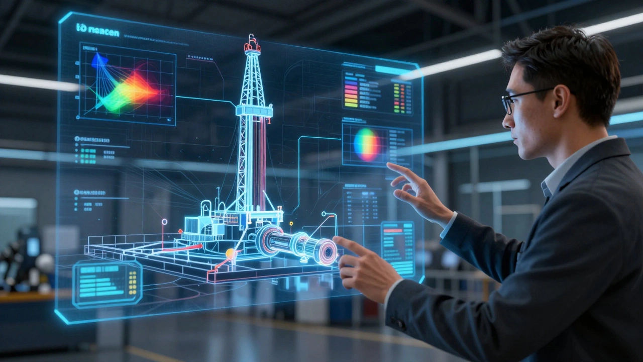 Опытный модельер демонстрирует гидравлическую систему с симуляцией напряжений в цифровом двойнике.