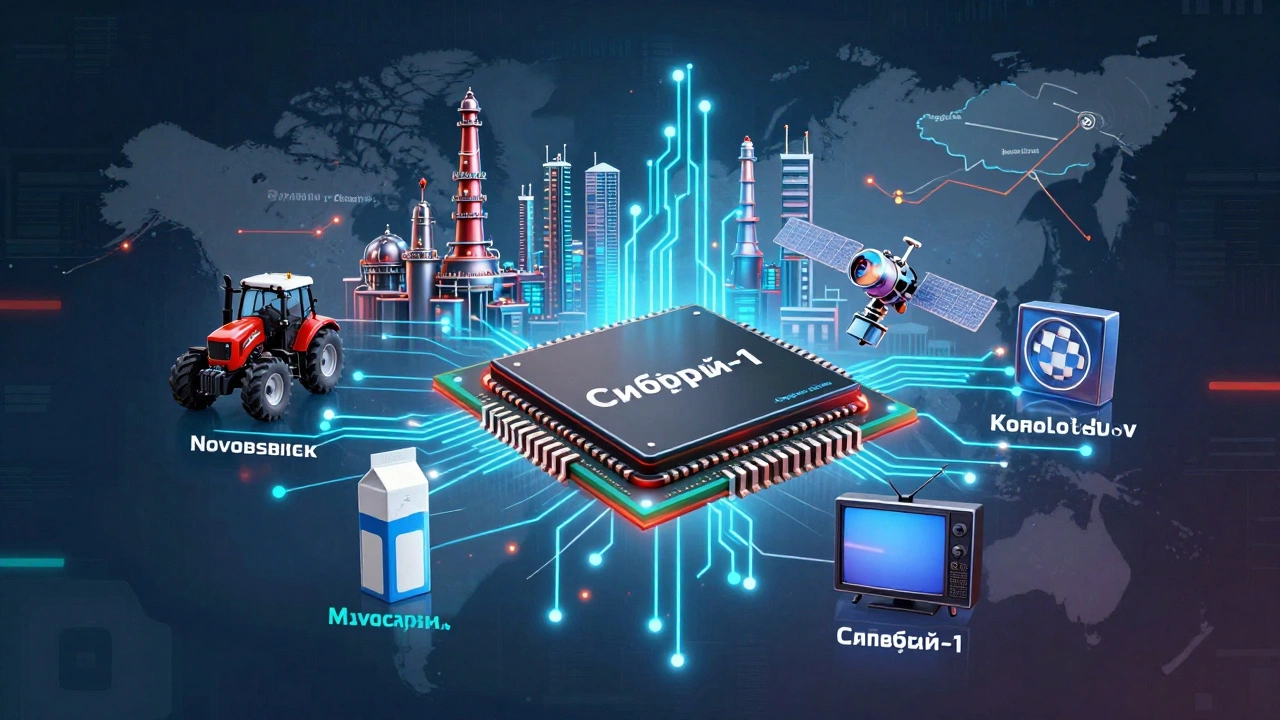 Российский микрочип 'Сибирь-1' с символами сельхозтехники, спутника и техники, на фоне промышленного пейзажа.