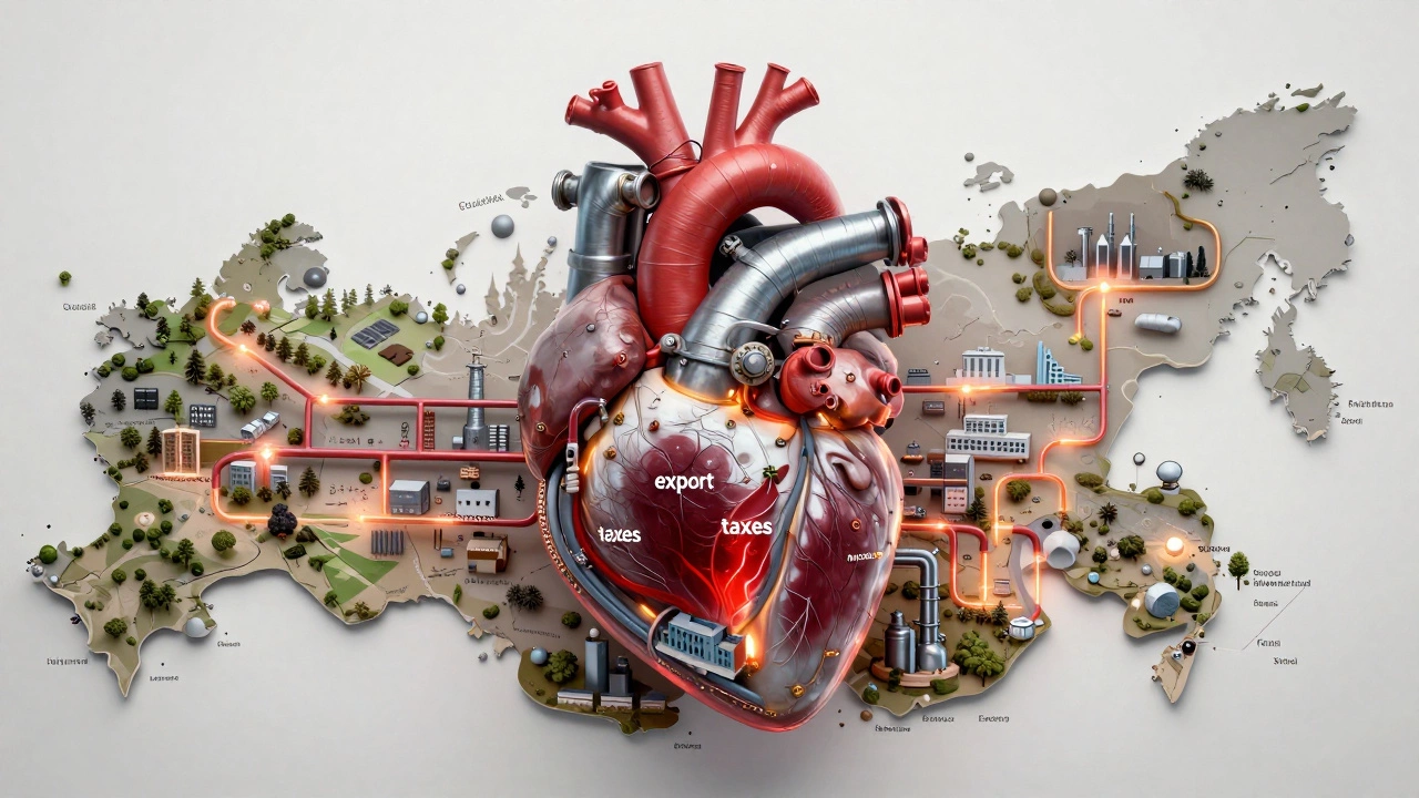 Сердце из труб и заводов перекачивает экспорт, налоги и инновации по карте России, соединяя города и регионы.