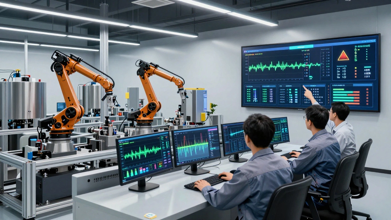 Техники наблюдают за данными на экранах, пока роботы работают на производственной линии.