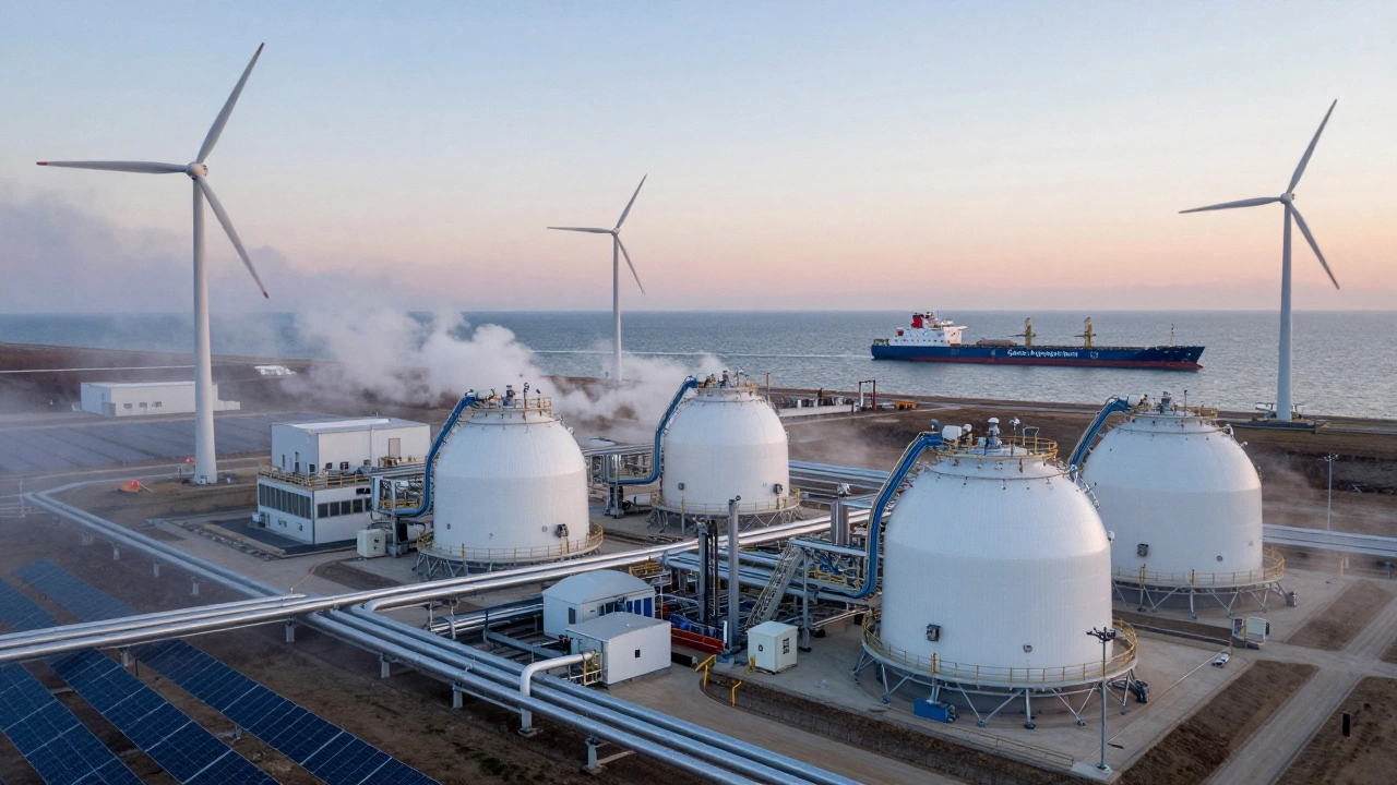Завод по производству зелёного водорода на берегу Каспийского моря с кораблём на экспорт.