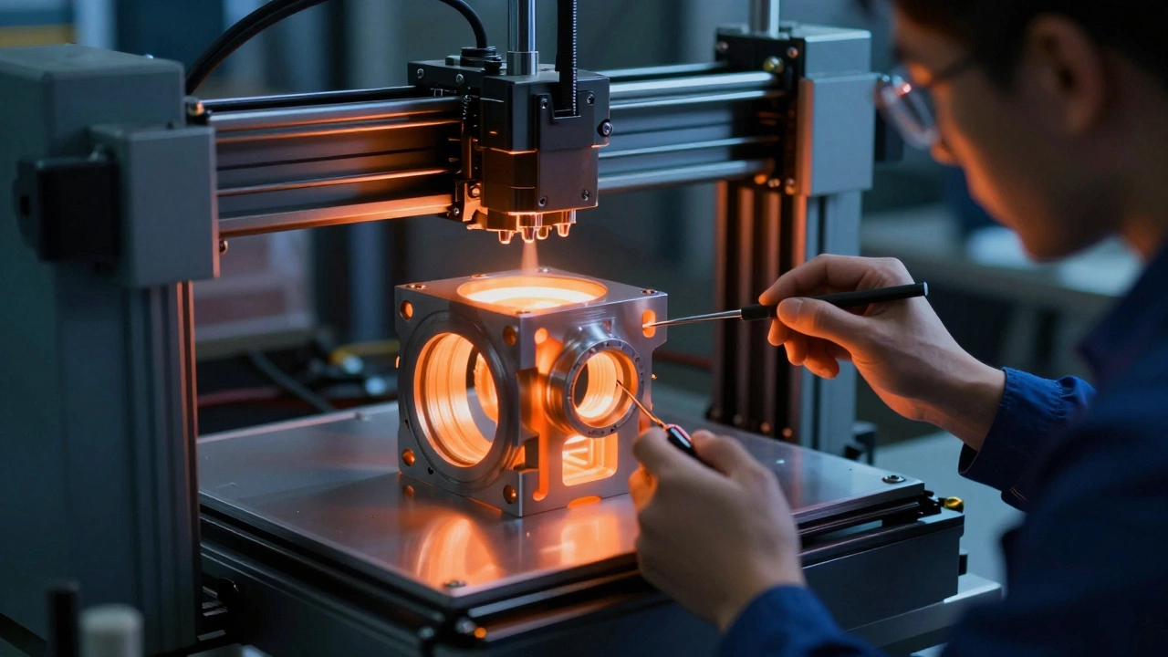 3D-печать детали трактора в производственной среде, механик проверяет готовую деталь.