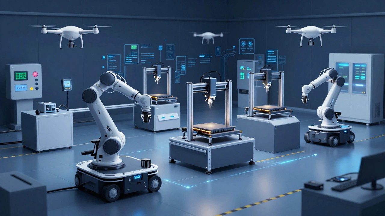 Автономный цех с роботами, AGV и дронами, работающими без участия человека.