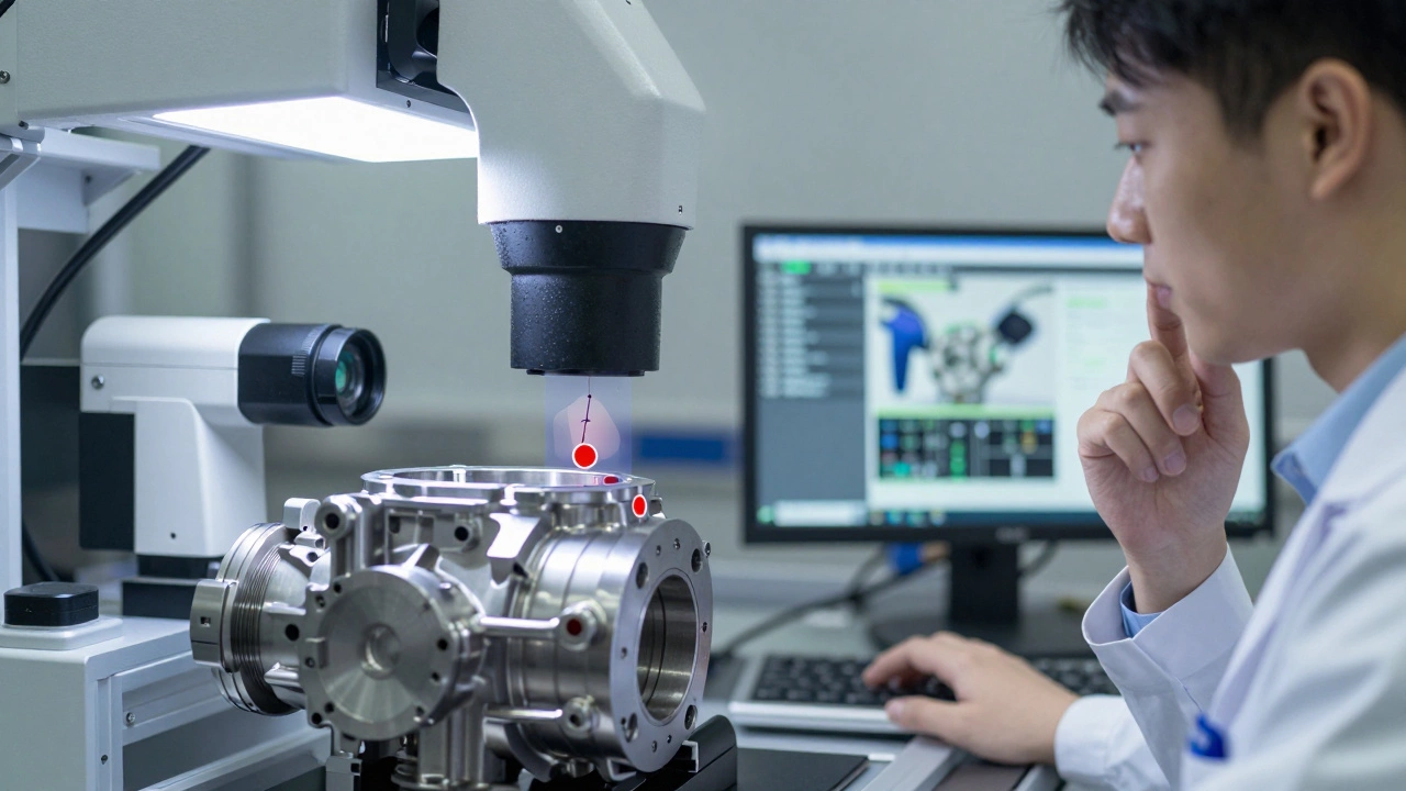 ИИ-камера обнаруживает микротрещины на металлической детали под ярким светом.