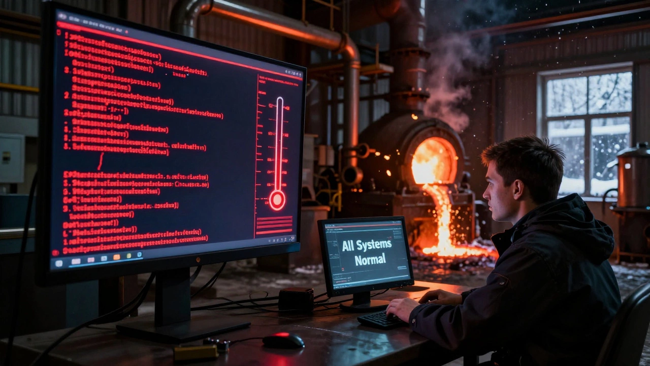 Кибератака на металлургический цех: экран показывает нормальные данные, но печь разрушается, а техник смотрит в панике.