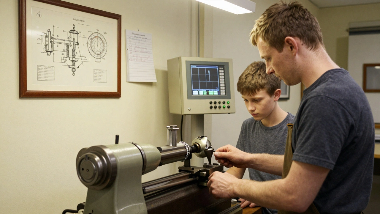Опытный мастер учит молодого работника работе на ручном токарном станке, на стене — бумажные инструкции и журнал настроек.