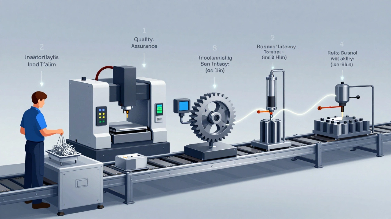Производственная линия с пятью контрольными точками: от анализа материала до испытания под нагрузкой, все соединено символом качества.