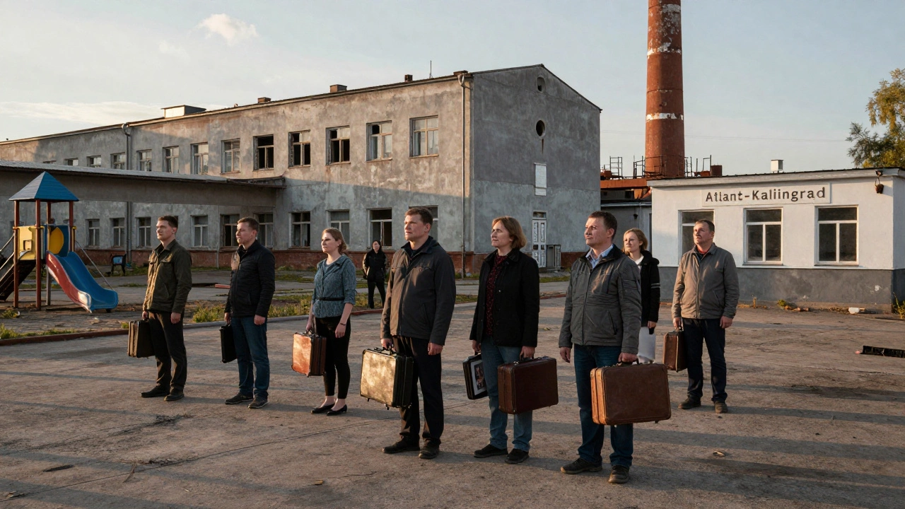 Рабочие покидают закрытый завод в Калининграде, держа чемоданы и фотоальбомы, за ними пустой двор и закрытые объекты инфраструктуры