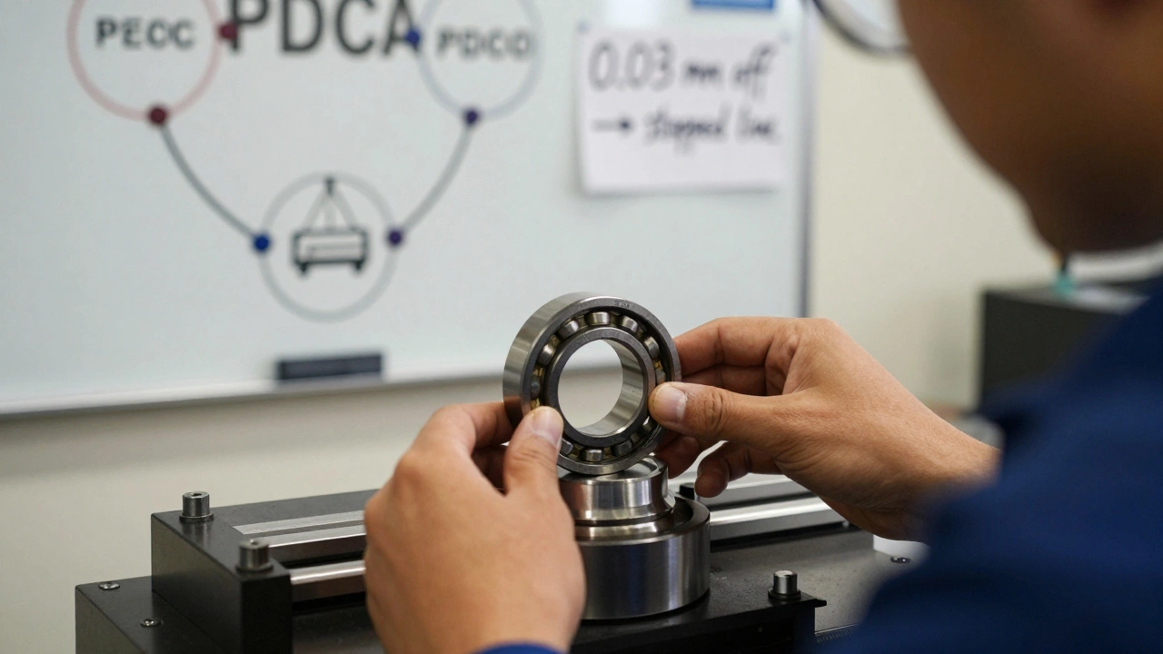 Рабочий проверяет подшипник, в отражении — кран, на доске — запись об остановке линии из-за отклонения 0,03 мм.