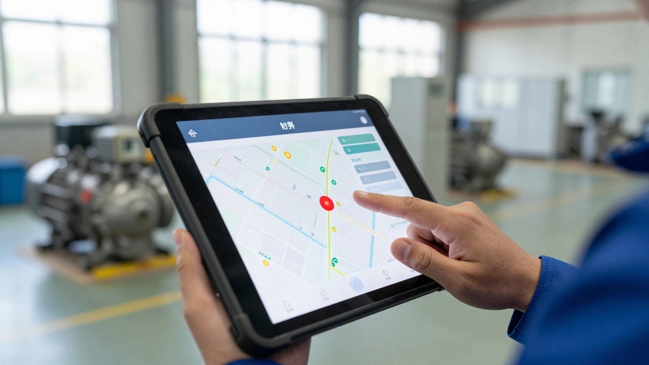 Рабочий проверяет уведомление на мобильном приложении, показывающее сбой в работе компрессора на заводе.