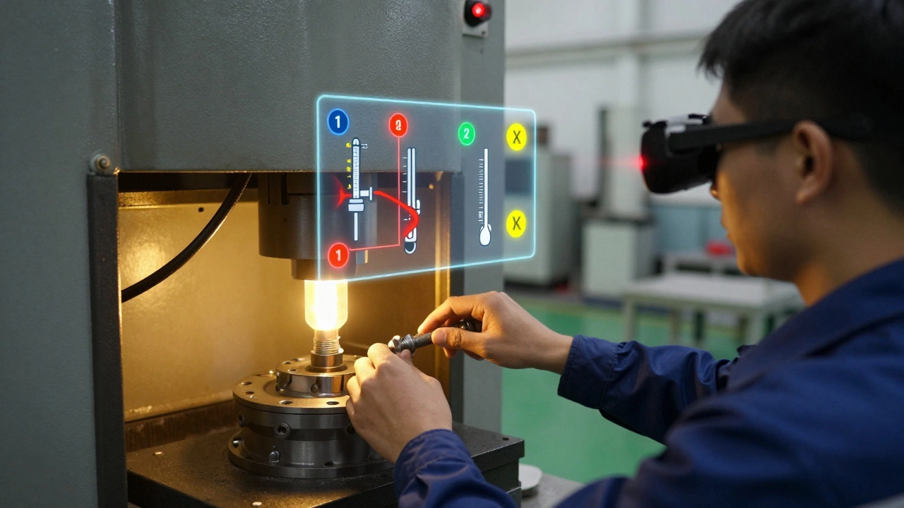 Рабочий в очках дополненной реальности получает инструкции прямо в поле зрения при работе на прессе.