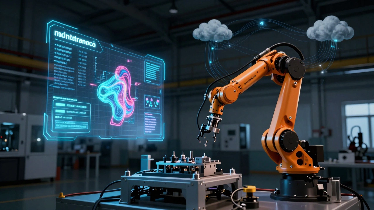 Робот собирает детали, а рядом с ним в воздухе отображается цифровая копия машины с предупреждением о возможной поломке.