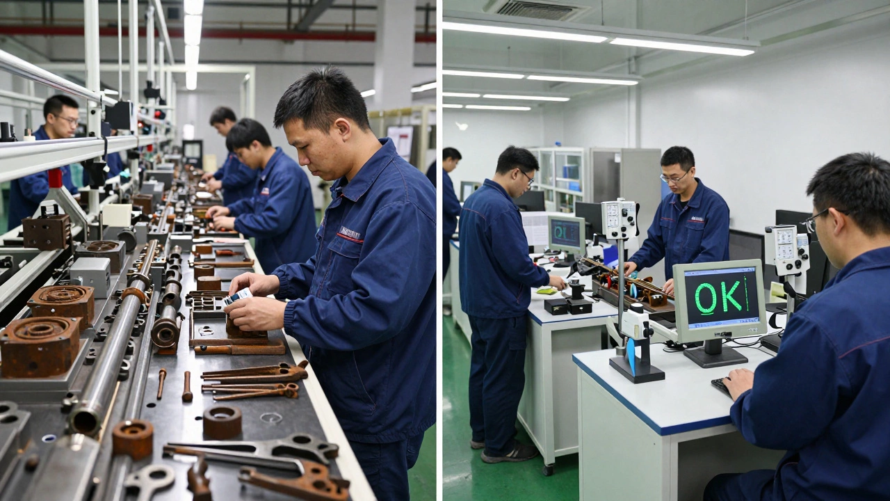 Сравнение хаотичной и упорядоченной производственной линии: слева — брак, справа — контроль качества по методу 5S.