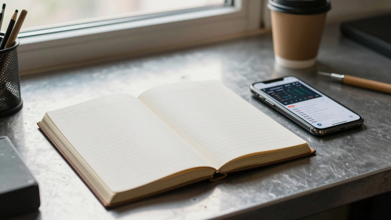 Старая бумажная книга учета рядом со смартфоном с цифровой панелью управления на рабочем столе.