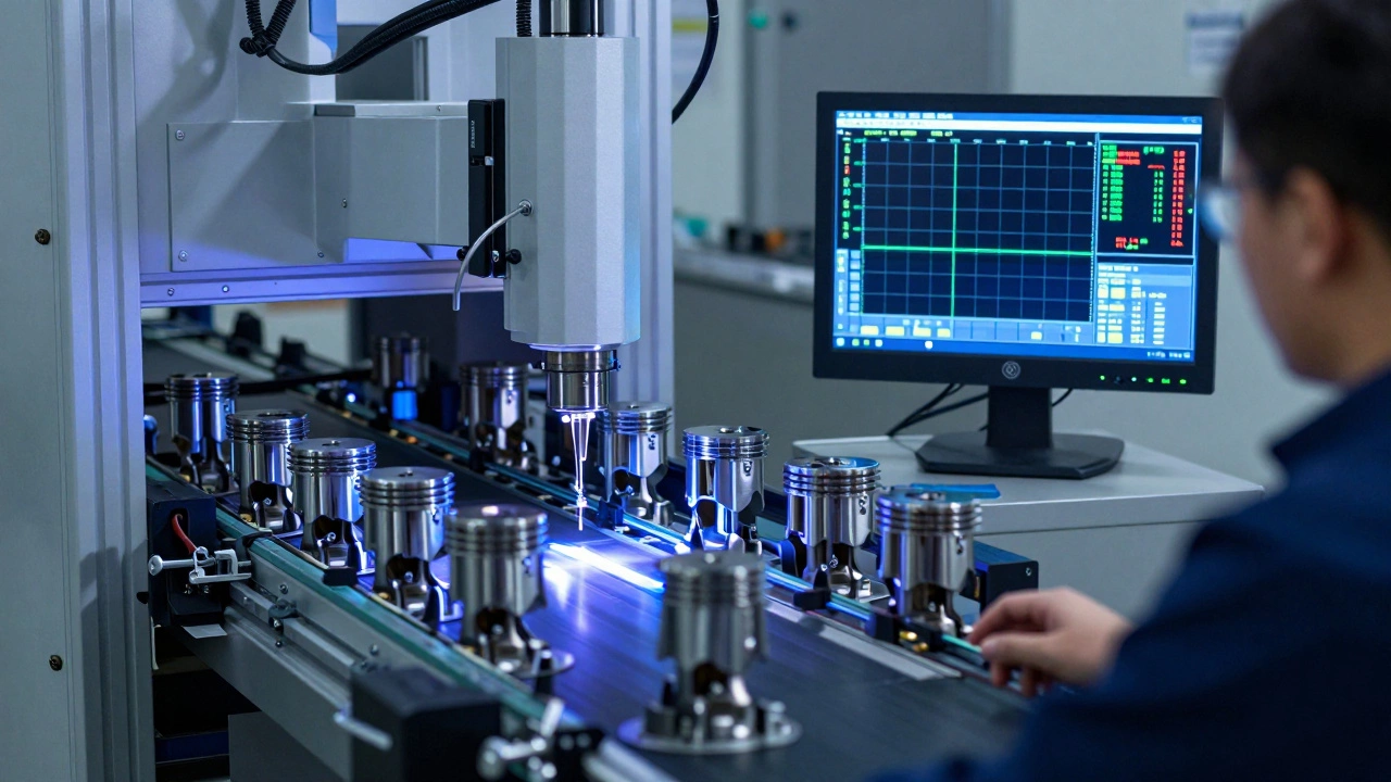 Автоматизированные лазерные измерители проверяют поршни на конвейере.