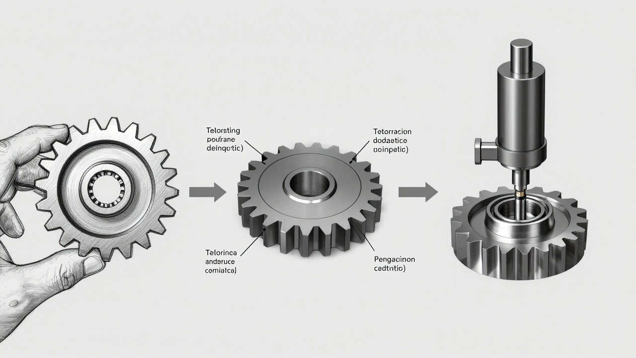 Цепочка создания детали: эскиз → 3D-модель с данными → готовая металлическая деталь под контролем.