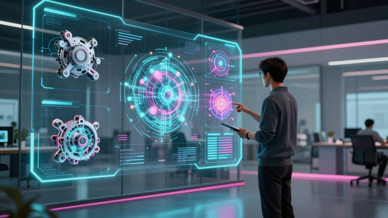 Дизайнер с голограммами генеративного дизайна вокруг него