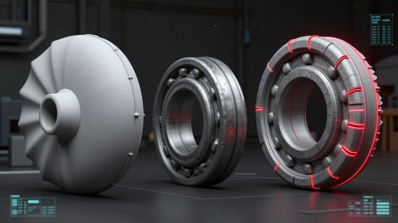 Гибридная модель: поверхностная оболочка, меш-скан и твердотельная деталь объединены в одном рабочем пространстве.