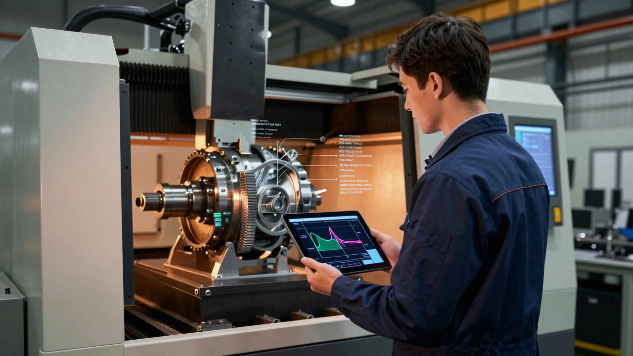 Инженер-моделист в цеху между станками, демонстрирует цифровую модель турбинного корпуса с техническими параметрами.