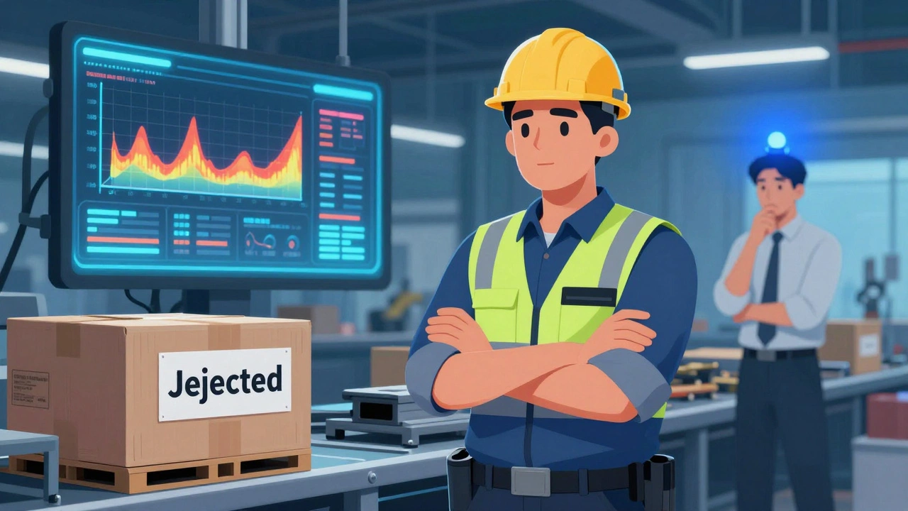 Инженер останавливает партию деталей, на экране видны данные об отказах, начальник стоит в замешательстве.