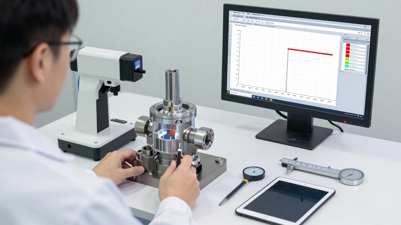 Инженер проверяет гидравлический клапан с помощью 3D-сканирования, отклонения от нормы отображаются на экране.