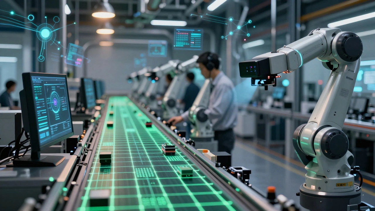 Камеры искусственного интеллекта на конвейерной линии завода.