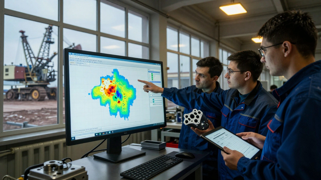 Команда инженеров анализирует карту дефектов на цифровой платформе QMS на заводе в Томске.