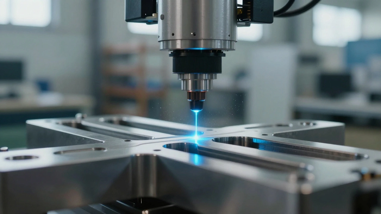 Лазерный датчик сканирует металл для контроля качества.