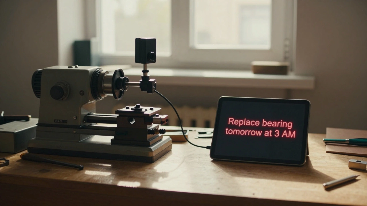 На малом заводе датчик на токарном станке показывает предупреждение о замене подшипника — солнечный свет и простой интерфейс.