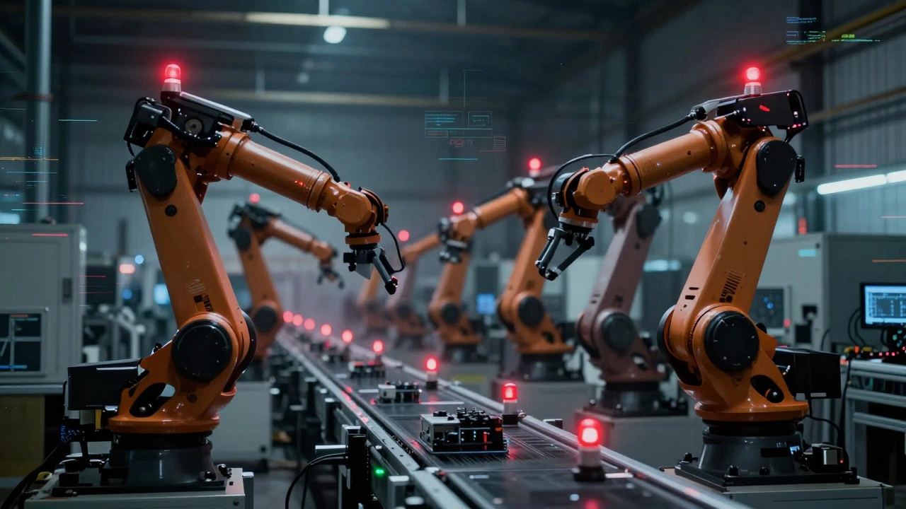 Остановленная автоматическая линия с красными сигналами