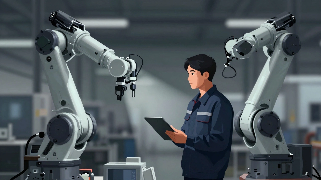 Работник у промышленного робота с планшетом в цеху