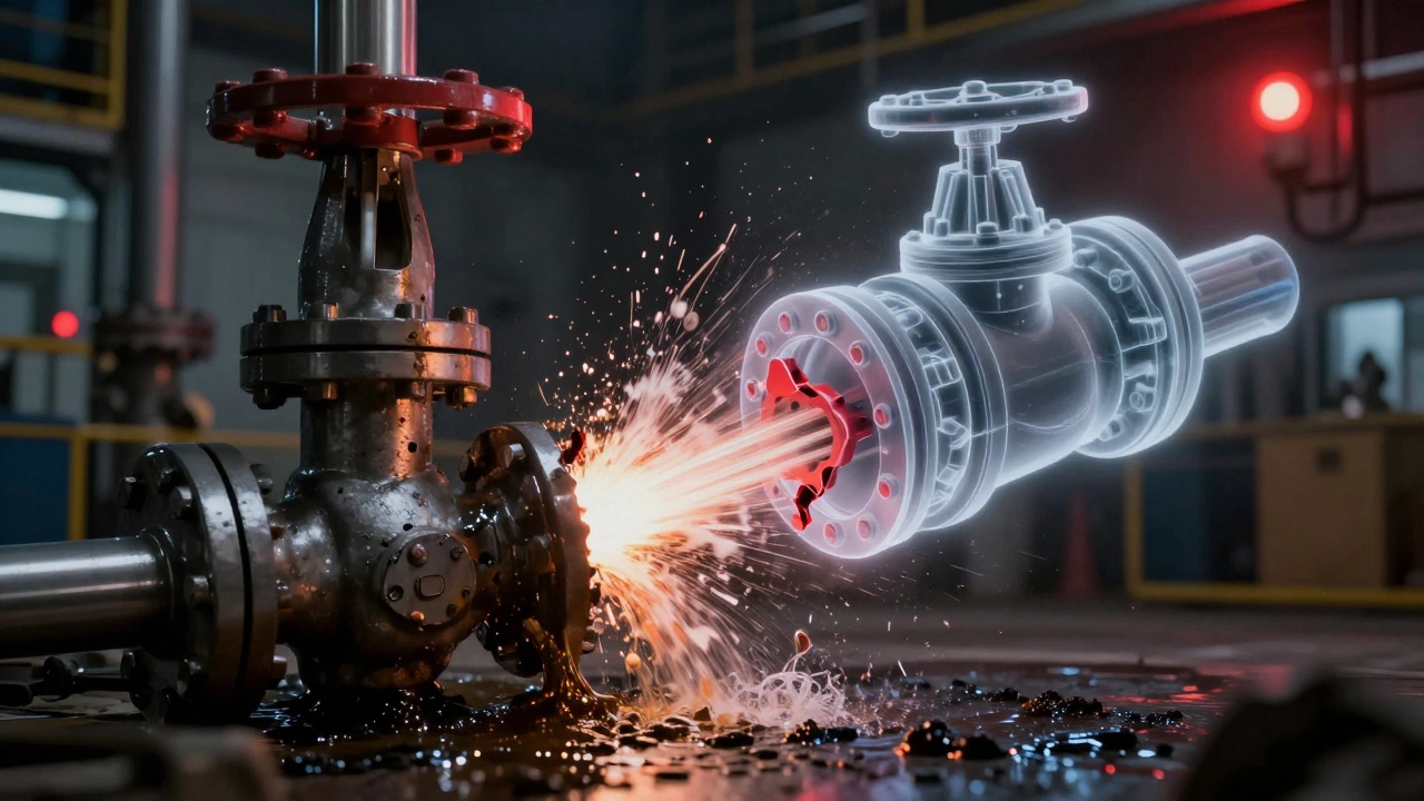 Разрыв гидравлического клапана из-за ошибки в радиусе скругления, с прозрачной 3D-моделью, показывающей дефект.