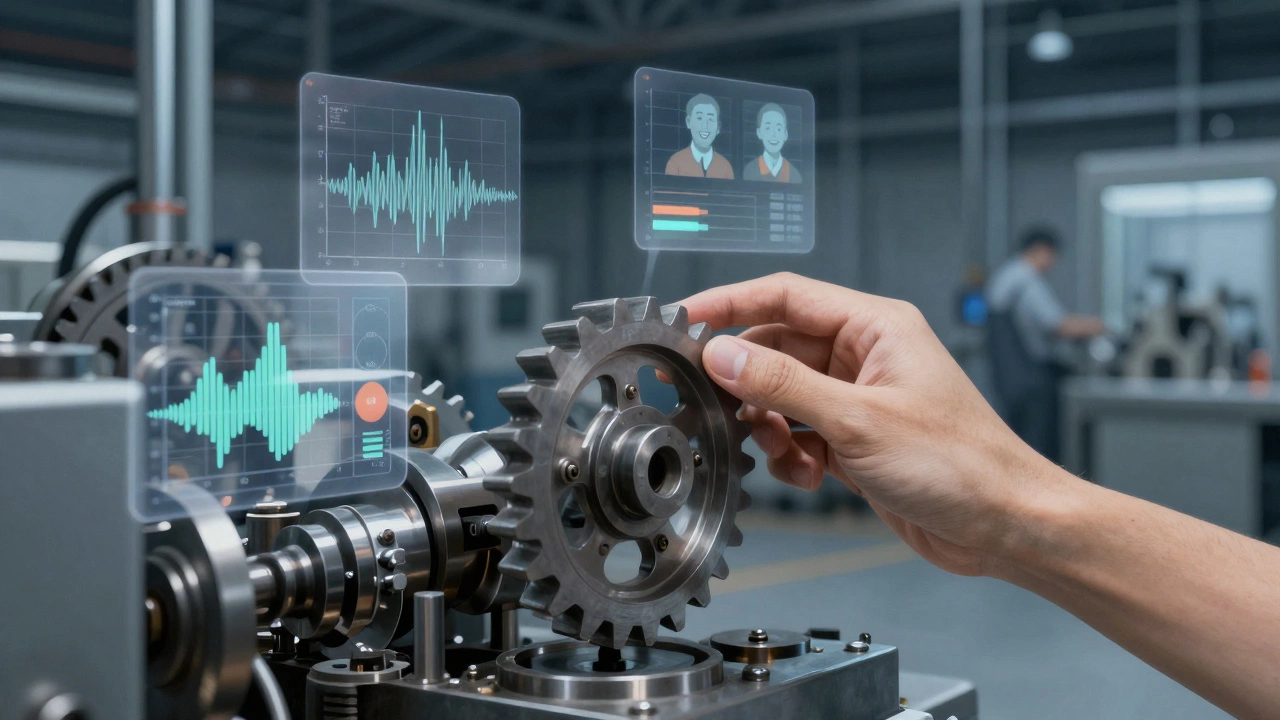 Рука кладет шестерню в машину, вокруг — данные и силуэты рабочих, символизирующие защиту через понимание.